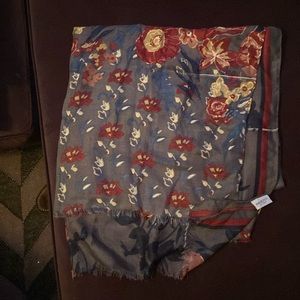 Scarf - silky gray with red, navy roses. Bindya New York